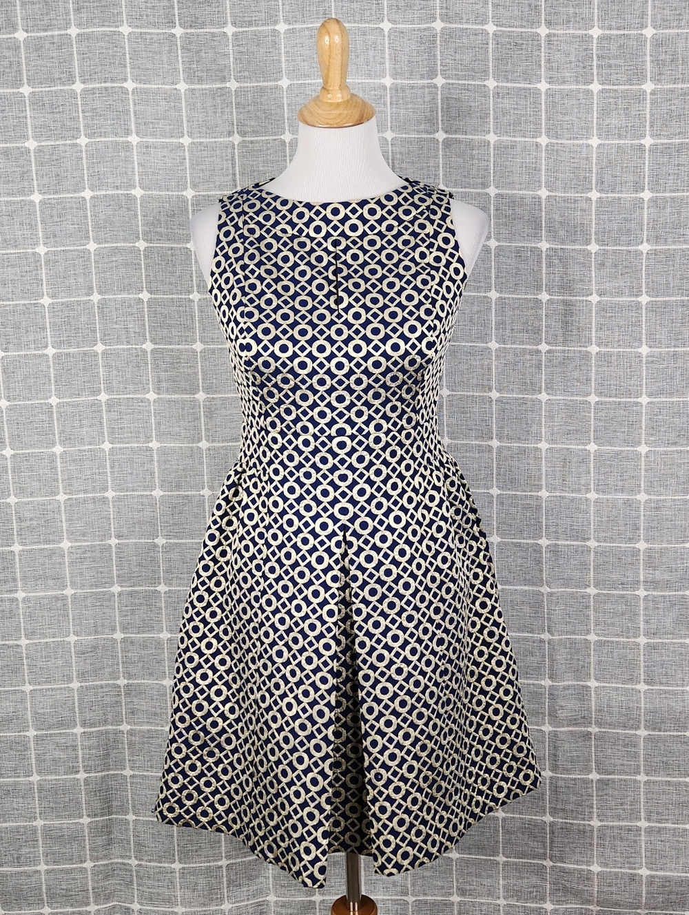 Lauren Ralph Lauren Navy and Gold Geometric Fit-and-Flare Dress